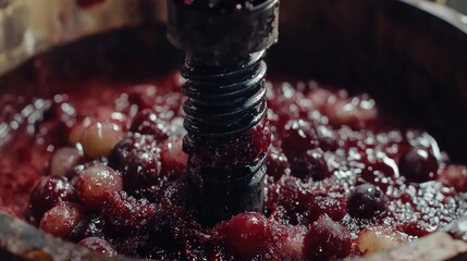 Close-up of traditional winepress with red must and helical screw showcasing the ancient technique of grape pressing for winemaking.