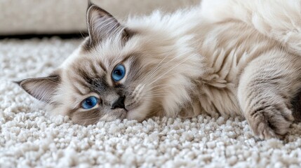 Obraz premium Fluffy gray cat with striking blue eyes resting on a soft light carpet in a cozy indoor setting