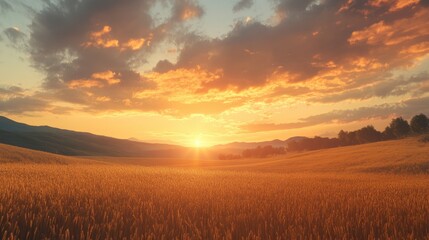 Fototapeta premium Serene golden wheat field beneath a dramatic cloudy sky during a vibrant sunset in a picturesque landscape setting