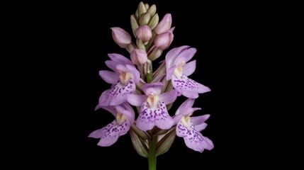 Fototapeta premium Delicate wild orchid flower cluster showcasing vibrant purple petals and intricate patterns on a contrasting black background