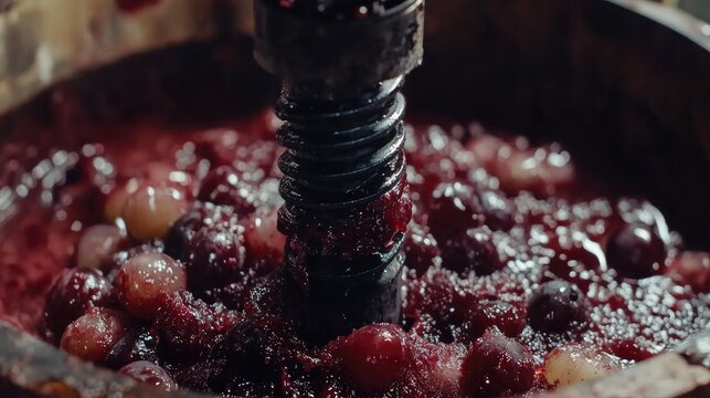 Close-up of traditional winepress with red must and helical screw showcasing the ancient technique of grape pressing for winemaking.