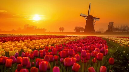 Vibrant Sunrise over Dutch Tulip Fields and Windmill A picturesque landscape showcasing a breathtaking sunrise illuminating a vast field of colorful tulips