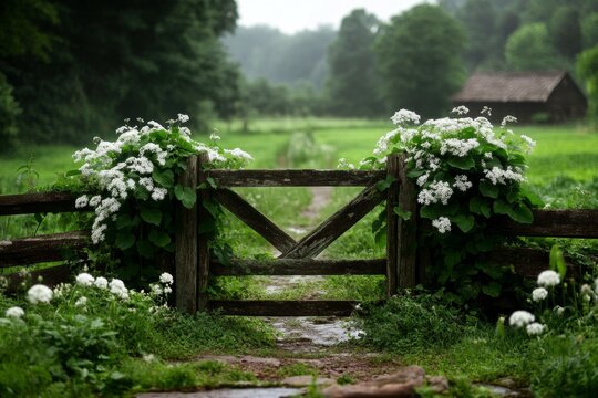 Ivy wrapping around a rustic wooden gate in a tranquil garden setting