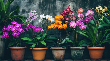 Naklejka premium Colorful array of wild orchids in terracotta pots showcasing vibrant blooms in a serene garden setting for nature enthusiasts.