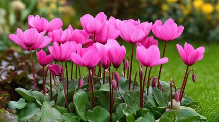 Vibrant wild pink cyclamen flowers blooming amidst lush green grass in a serene garden setting.