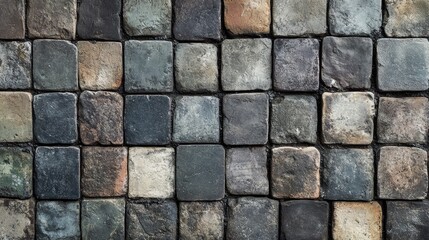 Obraz premium Textured square brick tile background featuring a classic arrangement of weathered stone tiles in various earthy tones.