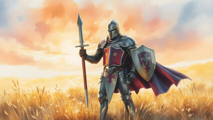 Naklejka premium A watercolor painting of a heroic knight standing in a glowing meadow, with sunlight reflecting off their polished armor and a colorful sunset in the background