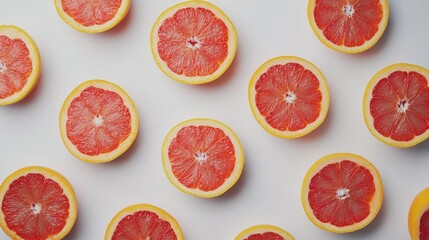 Vibrant whole and halved grapefruits arranged aesthetically on a white background showcasing their juicy red interiors and bright yellow rinds
