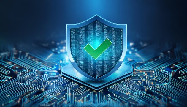 A digital shield symbolizing cybersecurity with a green checkmark, set against a background of circuitry, representing protection and validation in technology.