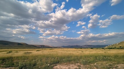 Obraz premium Spacious picturesque landscape with a vast cloudy sky and distant hills showcasing natural beauty in a serene outdoor environment