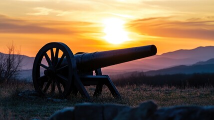 Old cannon silhouette against sunset landscape with mountains and empty text space at shooting range in tranquil scenery