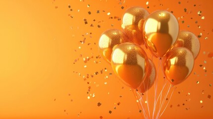 Helium filled golden balloons with gold glitter confetti on vibrant orange background for 30th birthday celebration 3D render