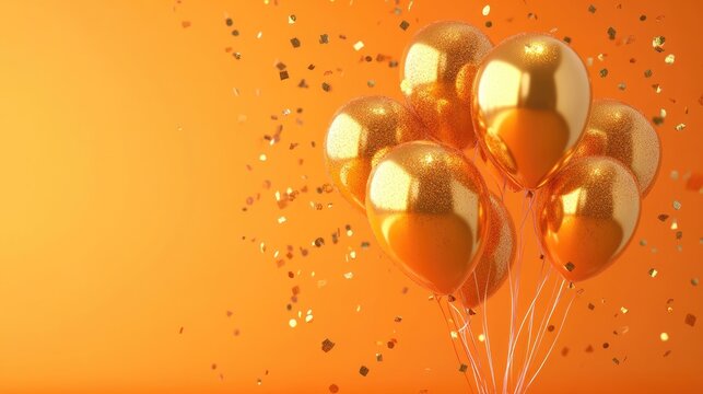 Helium filled golden balloons with gold glitter confetti on vibrant orange background for 30th birthday celebration 3D render