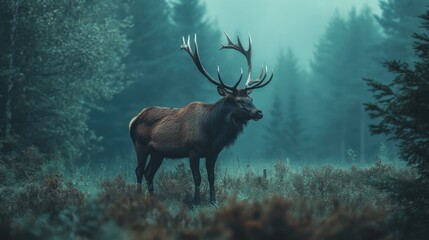 Majestic stag standing amidst misty forest showcasing serene wild nature and tranquil wilderness atmosphere