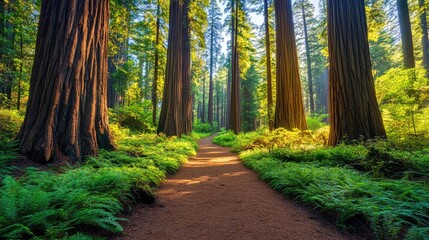 Serene forest pathway surrounded by majestic tall trees and lush green ferns under a bright, sunlit sky.