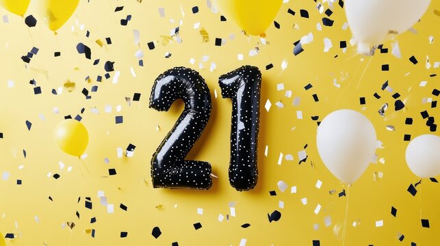 21st Birthday Festive Atmosphere with Black and White 21 Balloons on a Bright Yellow Background Surrounded by Confetti and Balloons