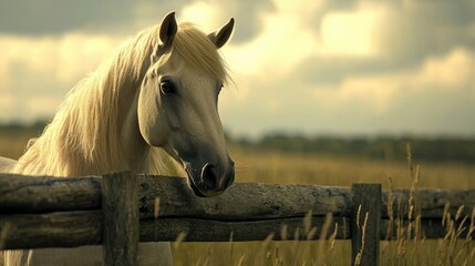 Light colored horse with long blond mane gazing over a wooden fence in a tranquil rural landscape under a cloudy sky