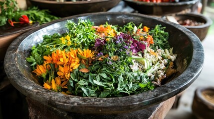 Colorful Assortment of Fresh Wild Vegetables and Herbs for Traditional Herbal Medicine Preparation in Rustic Kitchen Setting
