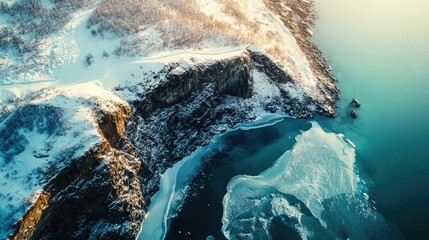 Stunning aerial view of snow-covered cliffs and icy fjord during winter showcasing breathtaking natural beauty in a serene landscape