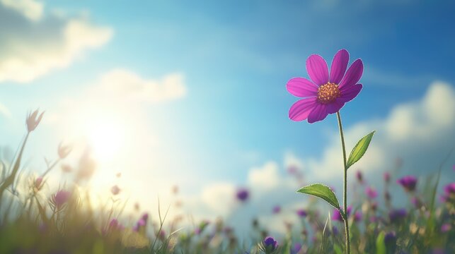 Beautiful purple flower basking in sunlight against a serene blue sky with soft clouds and vibrant green grass in the foreground