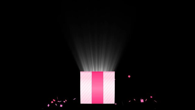 Gift box with animated confetti explosion. Transparent background. 4K resolution
