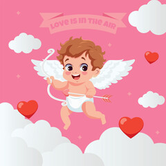 Valentine's day greeting card with Cute funny little cupid with an arrow and wings. Love and Valentine's day concept. Valentine's day invitation card. Love is in the air