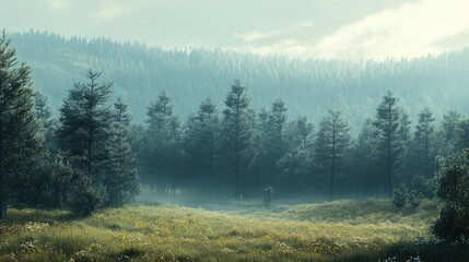 A serene pine forest with mist and lush greenery along a tranquil highway landscape.