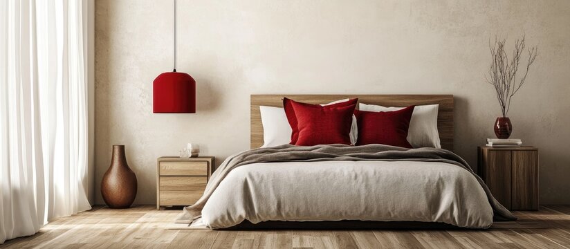 Stylish bedroom with warm wood floors bright white ceiling red lamp and inviting pillows creating a cozy relaxing atmosphere - Powered by Adobe