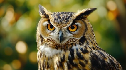 Fototapeta premium Majestic trained owl showcasing intricate feather details against a beautifully blurred natural background