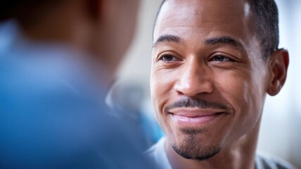 Obraz premium Close-Up of a Male Patient’s Face Expressing Reassurance and Relief After Receiving Medical Care in a Clinic, with Soft Lighting and Blurred Background