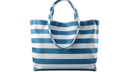 Closeup of a blue and white striped tote bag with rope handles, perfect for seaside getaways, studio view, isolated on transparent background.