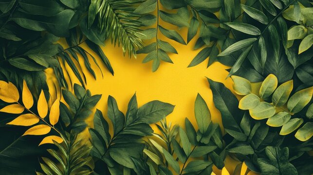 Vibrant green and yellow tropical leaves arranged artistically on a bright yellow background for nature-themed designs and projects