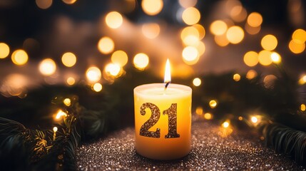 21st Birthday Celebration Candle with Warm Bokeh Lights Creating a Festive Atmosphere for Milestone Celebrations and Special Occasions