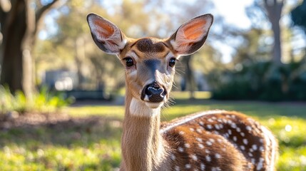 Obraz premium Deer with Spotted Coat in Natural Park Setting Surrounded by Lush Greenery