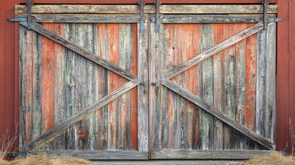 Rustic wooden barn door texture with weathered paint and sturdy beams showcasing vintage charm and agricultural heritage.