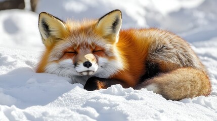 Obraz premium Peaceful Red Fox Resting in Snowy Landscape Under Bright Sunshine