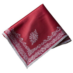 Luxurious red silk handkerchief with intricate white embroidery elegantly folded on a flat surface