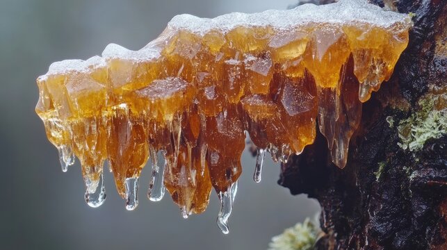 Macro shot of amber resin dripping from a tree showcasing nature's intricate beauty in a serene local nature reserve