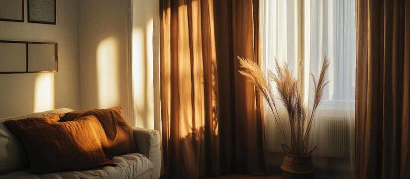 Warm and inviting two-sided room with soft white walls, rich brown curtains, and gentle sunlight highlighting a cozy corner with decorative plants