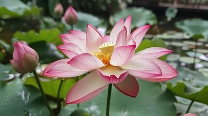 Elegant pink lotus flower blooming in lush garden with green leaves and serene pond background showcasing nature's beauty.