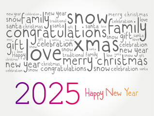 2025 year greeting word cloud collage, Happy New Year celebration greeting card