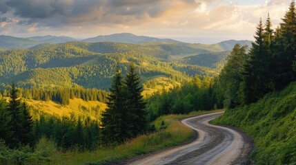 Obraz premium Scenic winding dirt road through lush green forested hills under a dramatic sky at sunset