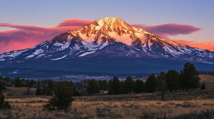 Fototapeta premium Snow-capped mountain bathed in evening light with vibrant clouds and serene landscape in the foreground during twilight hours