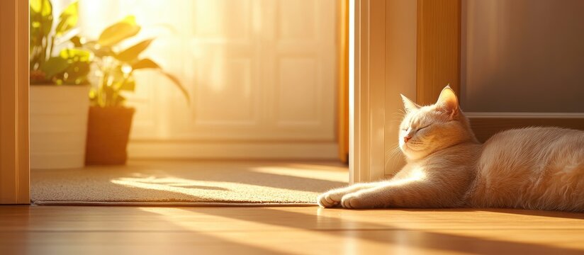 Calm silver cat napping in warm afternoon sunlight by an open door ideal for pet lovers and home decor inspirations