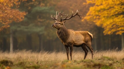 Majestic stag standing in a serene autumn landscape surrounded by golden foliage and soft natural light.