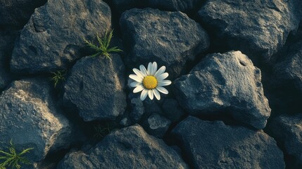 A solitary daisy blooming among cracked rocks symbolizing resilience and beauty in adversity