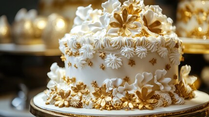 Elegant gold and white cake adorned with intricate floral decorations perfect for celebrations and festive occasions