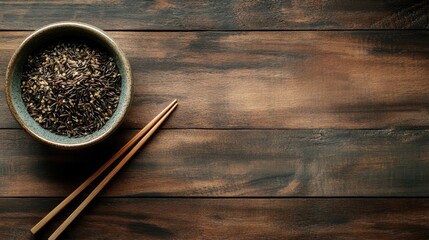 Wild rice in a ceramic bowl with chopsticks resting beside it on a rustic wooden background showcasing natural textures and colors