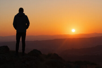 a person is standing on a rocky outcrop, silhouetted against a beautiful sunset with the sun setting over distant mountains