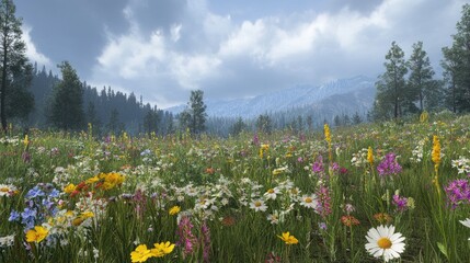 Obraz premium Vibrant Wildflower Meadow Surrounded by Lush Greenery and Mountains Under a Dramatic Sky in Southern Region